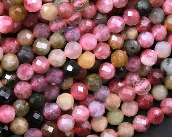 Perles rondes de tourmaline multicolores naturelles à facettes 3mm 4mm 5mm Rose Vert Véritable Pierre Précieuse 15.5 » Strand