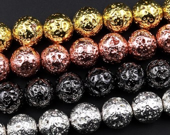 Contas redondas de lava de titânio vulcânico natural 4 mm 6 mm 8 mm 10 mm Metálico Gunmetal Preto Prata Ouro Rosa Banhado Rocha de lava 15,5&quot; Fio