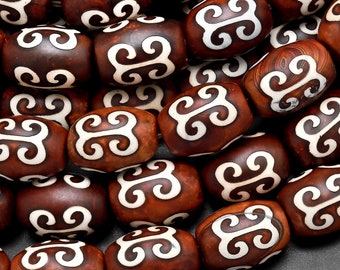 AAA Tibetan Agate Drum Beads Dzi Agate Brown Antique Wood Look Mala Antique Boho Beads 14" Strand