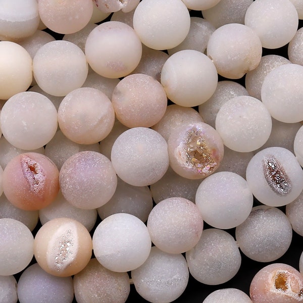 Perles rondes druzy pêche blanc naturel mat 8 mm 10 mm avec cristal de quartz scintillant fil 15,5 po.