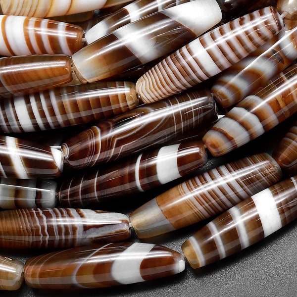 AAA Natural Brown Tibetan Agate Perles Long Slender Barrel Cylinder Tube 15.5 « Brin