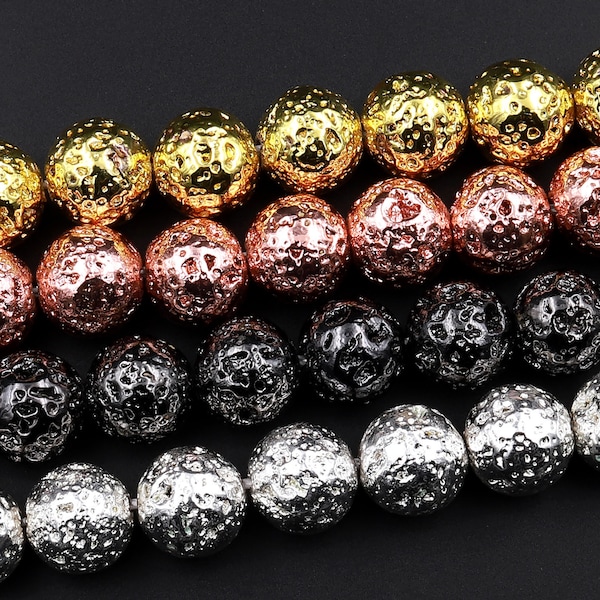 Natural Volcanic Titanium Lava Round Bead 4mm 6mm 8mm 10mm Metallic Gunmetal Black Silver Rose Gold Plated Lava Rock 15.5" Strand