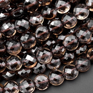 Faceted Natural Smoky Quartz Coin Beads 3mm 4mm 6mm 8mm Flat Disc Dazzling Micro Diamond Cut Gemstone 15.5" Strand