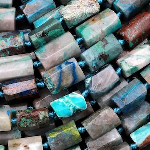 Perles cylindriques en tube à facettes de chrysocolle naturelle en quartz 15,5 po.