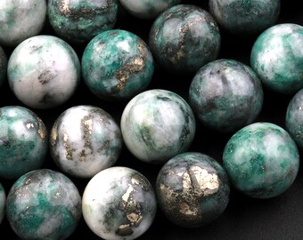 Rare Natural Pyrite in Green Jade 6mm 8mm 10mm 12mm Round Beads 15.5" Strand