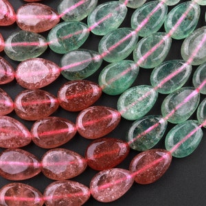 Natural Strawberry Quartz Teardrop Beads Vertically Drilled Red Pink Green Gemstone 15.5" Strand