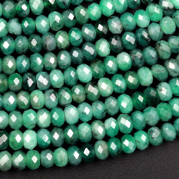 Real Genuine Natural Green Emerald Gemstone Faceted 3mm 4mm Rondelle Beads Laser Diamond Cut Gemstone May Birthstone 15.5" Strand