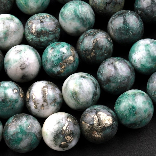 Rare Natural Pyrite in Green Jade 6mm 8mm 10mm 12mm Round Beads 15.5" Strand