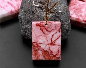 Rare Natural Cinnabrite Cinnabar in Quartz Pendant Mahjong Style Faceted Edges Side Drilled Rectangle Healing Gemstone