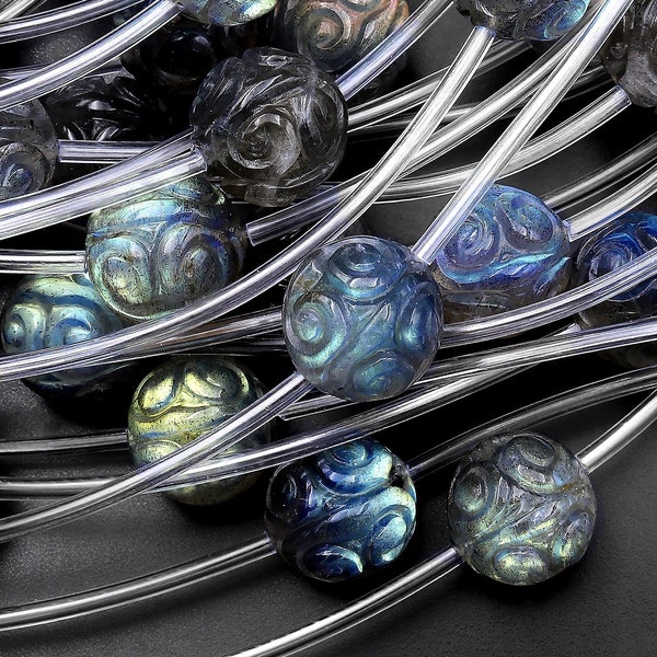 AAA Labradorite Hand Carved Longevity Symbol Gemstone Round Beads 8mm 10mm 12mm