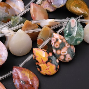 Natural Ocean Jasper Beads Top Side Drilled Teardrop Vibrant Green Yellow Red Orbs Eyes 15.5&quot; Strand