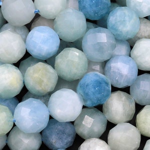 Faceted Natural Blue Green Aquamarine 10mm Round Beads 15.5&quot; Strand