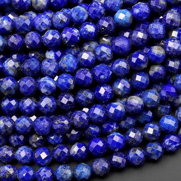 Natural Blue Lapis Lazuli Round Beads 3mm 4mm 5mm Faceted Round Beads Diamond Cut Gemstone 15.5" Strand