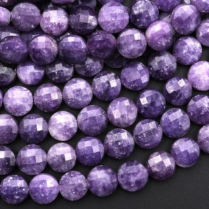 Faceted Natural Lepidolite 6mm 8mm Coin Beads Shimmering Mica Matrix Gemstone 15.5" Strand