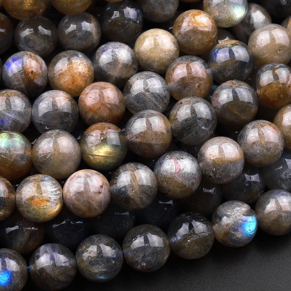 Natural Golden Yellow Labradorite 4mm 6mm 8mm Round Beads Lots of Fire Flashes 15.5" Strand