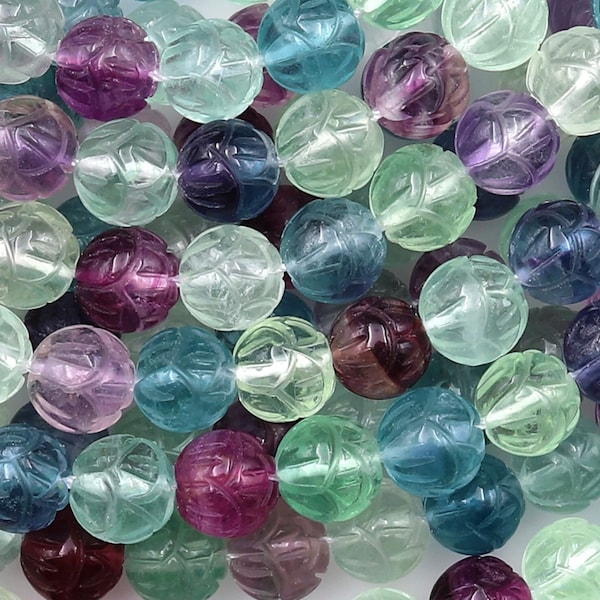 Perles rondes en fluorite naturelle verte, violette et bleue, sculptées à la main, fleur de Lotus, 8mm, 3D