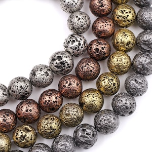 Natural Volcanic Lava Round Bead 6mm 8mm 10mm Titanium Plated Coated Antique Silver Copper Bronze Gold Black Gunmetal 15.5 Strand image 3