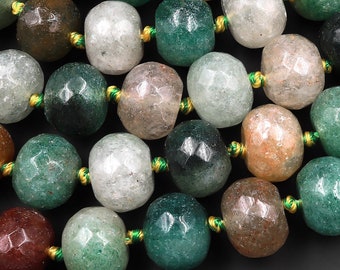 Perles d'agate verte brune facettées, grosses rondelles épaisses, brins de 16,5 po.
