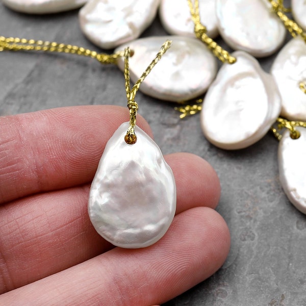 Natural White Teardrop Coin Pearl Pendant Focal Bead