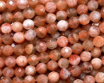 Micro Faceted Natural Sunstone Round Beads 4mm 5mm Sparkling Diamond Cut Gemstone 15.5" Strand