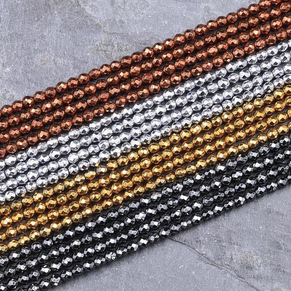 Faceted Titanium Hematite 2mm 3mm 4mm 6mm Round Beads Electroplated Silver Gold Bronze Copper Gunmetal Black Spacers 15.5" Strand