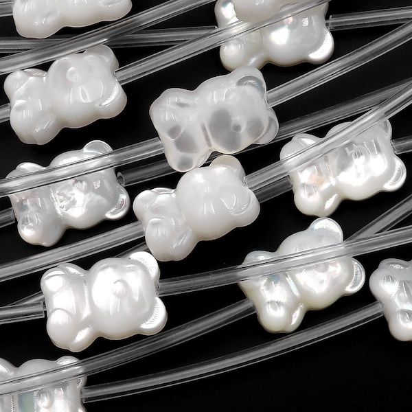 AAA Iridescent Carved Natural White Mother of Pearl Shell Cute Baby Honey Bear Beads Choose from 5pcs, 10pcs