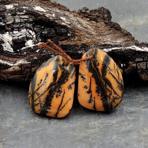 Drilled Rare Natural Utah Black Feather Jasper Earring Cabochon Cab Pair Freeform Matched Bead Pair American Jasper