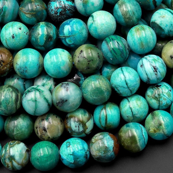 Perles de chrysocolle naturelles 5mm 6mm 8mm 9mm 10mm 12mm 14mm ronde véritable pierre précieuse de chrysocolle vert bleu naturel d'Arizona 15.5" Strand