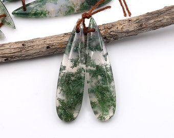 Coppia di orecchini in agata muschiata verde naturale traslucida, cabochon a goccia forato, coppia di perline di pietre preziose abbinate