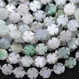 AAA Natural Light Green Burma Jade Cherry Blossom Coin Disc Flower Beads Strand