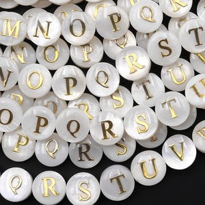 AAA Iridescent Hand Made Natural White Mother of Pearl Shell Beads 8mm Coin Gold 26 Alphabet Letter 8" Strand