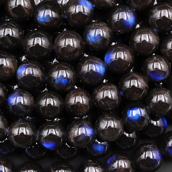 Perles rondes lisses en Labradorite noire naturelle AAA, 4mm, 6mm, 8mm, 10mm, flash bleu, brin de 15.5 pouces