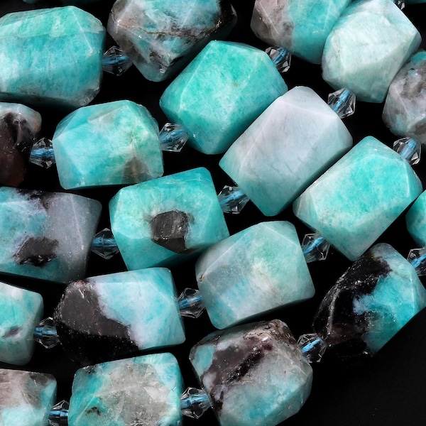 Large Natural Blue Amazonite Smoky Quartz  Rectangle Nugget Beads 15.5" Strand