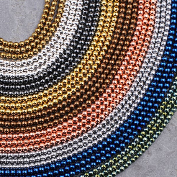 2mm Hematite Round Beads Metallic Titanium Shiny Silver Gold Blue Bronze Green Rose Gold Gunmetal Rhodium Black Beads 15.5" Strand