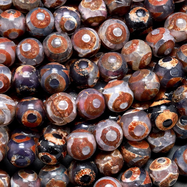 Tibetan Agate 6mm 8mm 10mm Round Beads Dzi Agate Purple Brown Etched Eye Mala Antique Boho Beads 15.5" Strand
