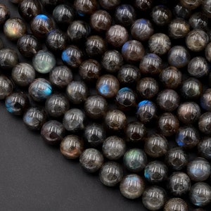 Rare Natural Black Labradorite 4mm 6mm 8mm 10mm 12mm  Round Beads Blue Flashes 15.5" Strand