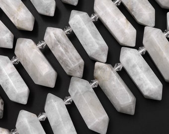 Natural White Moonstone Faceted Double Terminated Point Bullet Bicone Top Side Drilled Focal Pendant Beads 15.5" Strand