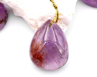 Super 7 Crystal Element Natural Phantom Amethyst Cacoxenite Teardrop Pear Drilled Focal Bead Pendant