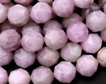 Natural Kunzite Faceted 10mm Round Beads Double Hearted Star Cut Gemstone 15.5" Strand