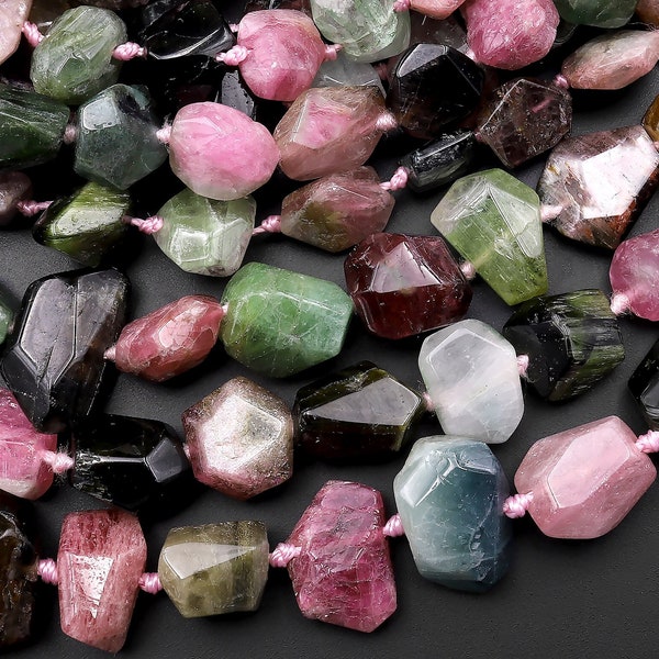 Faceted Natural Pink Green Watermelon Tourmaline Nugget Beads 15.5" Strand