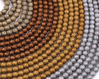 Cuentas redondas de hematita facetada mate de 3 mm y 4 mm, con espaciador pequeño, color plata, oro, bronce y champán, tira de 15,5"