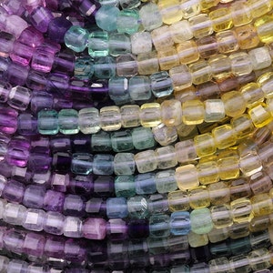 Perles cubiques carrées de 4 mm en fluorite naturelle AAA, perles colorées arc-en-ciel, violet bleu vert jaune, fil de 15,5 po.