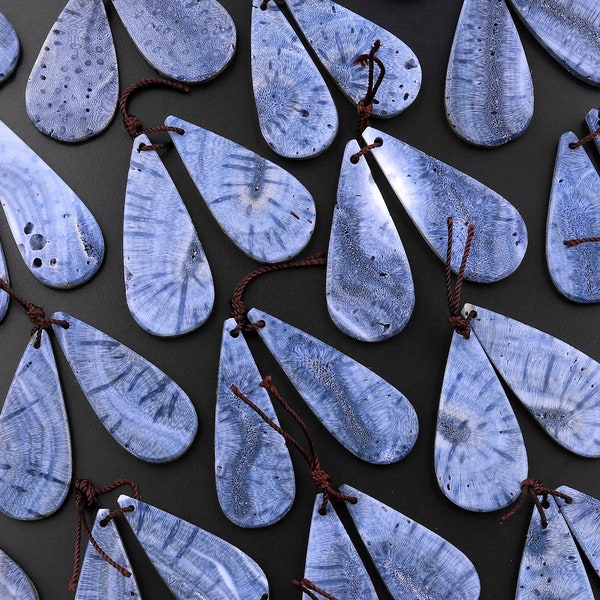 Natural Real Genuine Blue Sponge Coral Long Teardrop Earring Pair Drilled Gemstone Matched Beads