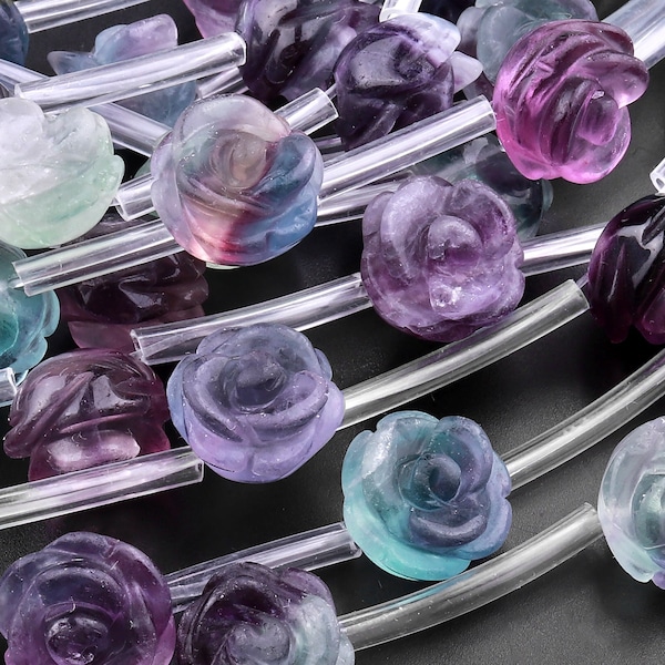 Natural Green Purple Fluorite Hand Carved Rose Flower Gemstone Beads 8mm 10mm 12mm Choose from 5pcs, 10pcs