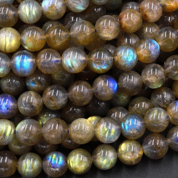 AA Natural Labradorite 4mm 5mm 6mm 8mm 10mm Round Beads Golden Green Flashes 15.5" Strand