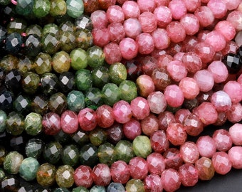 Perles-rondelles micro-facettes en tourmaline pastèque multicolore naturelle AA 3 mm 4 mm 5 mm 6 mm Pierres précieuses cognac rose vert bleu 15,5 po.