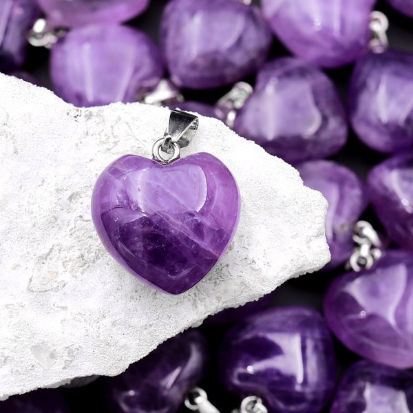 Natural Purple Amethyst Gemstone Puffy Heart Pendant Natural Crystal Focal Bead