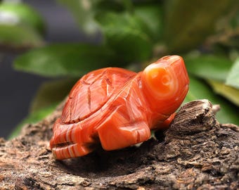 Könnte beinhalten: Eine geschnitzte, orange-rote Schildkrötenfigur mit detaillierten Schalenmarkierungen und einem hellfarbigen Auge. Die Schildkröte liegt auf einem Stück strukturiertem, braunem Holz, mit grünem Laub im Hintergrund. Die Figur ist ein dekorativer Gegenstand.