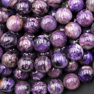 Genuine Natural Russian Charoite 10mm Smooth Round Beads 15.5&quot; Strand