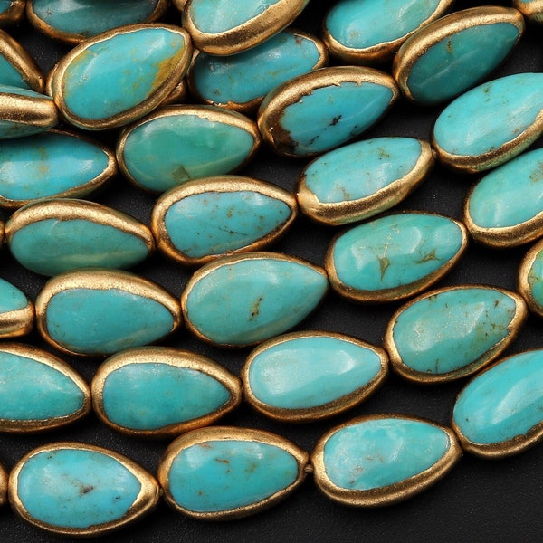 Genuine Natural Turquoise Gold Copper Edging Teardrop Beads Choose from 5pcs, 10pcs 15.5" Strand